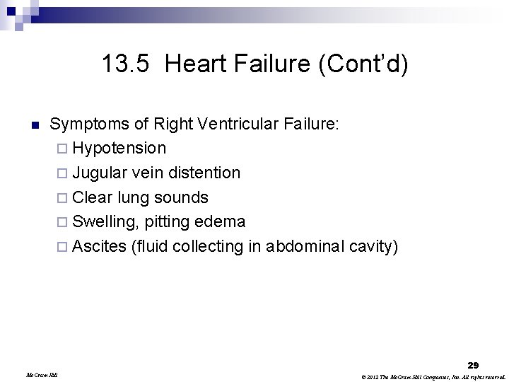 13. 5 Heart Failure (Cont’d) n Symptoms of Right Ventricular Failure: ¨ Hypotension ¨