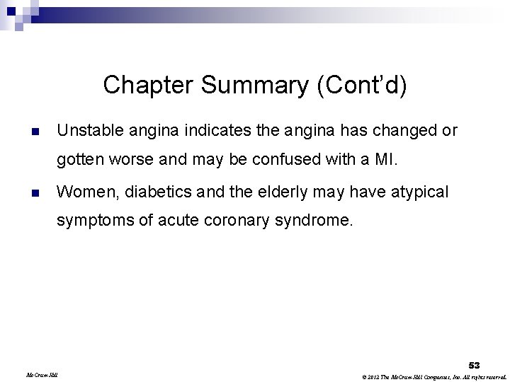 Chapter Summary (Cont’d) n Unstable angina indicates the angina has changed or gotten worse