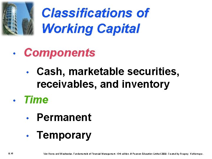 Classifications of Working Capital • Components • Cash, marketable securities, receivables, and inventory Time Classifications of Working Capital • Components • Cash, marketable securities, receivables, and inventory Time