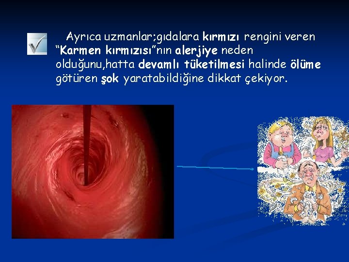 Ayrıca uzmanlar; gıdalara kırmızı rengini veren “Karmen kırmızısı”nın alerjiye neden olduğunu, hatta devamlı tüketilmesi