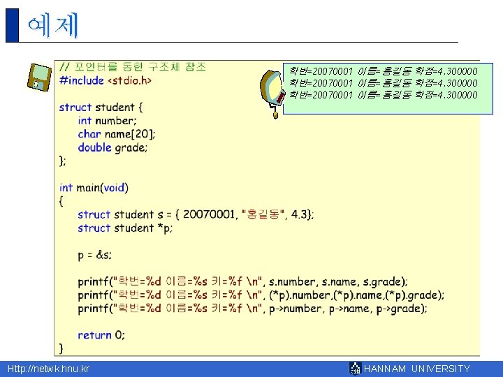 예제 학번=20070001 이름=홍길동 학점=4. 300000 Http: //netwk. hnu. kr HANNAM UNIVERSITY 