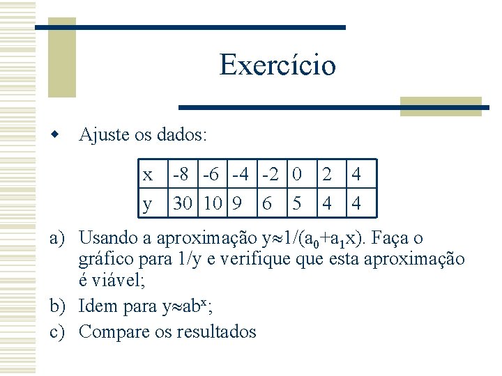 Exercício w Ajuste os dados: x y -8 -6 -4 -2 0 30 10