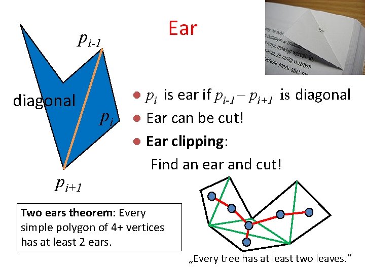 Ear pi-1 diagonal pi+1 pi is ear if pi-1 – pi+1 is diagonal l