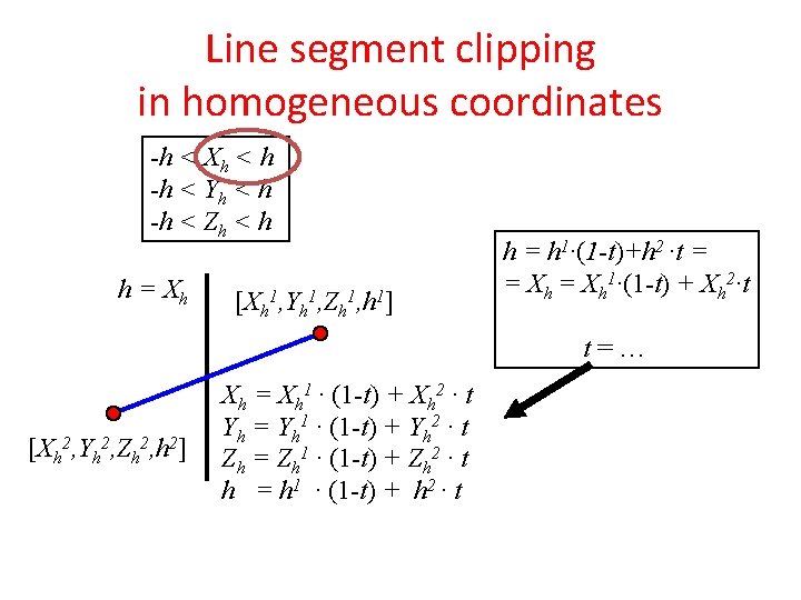 Line segment clipping in homogeneous coordinates -h < Xh < h -h < Yh