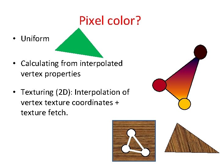 Pixel color? • Uniform • Calculating from interpolated vertex properties • Texturing (2 D):