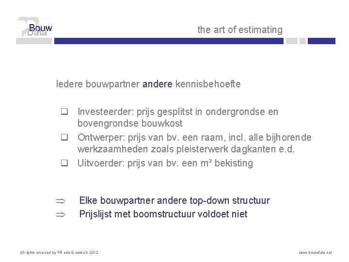 the art of estimating Iedere bouwpartner andere kennisbehoefte q Investeerder: prijs gesplitst in ondergrondse