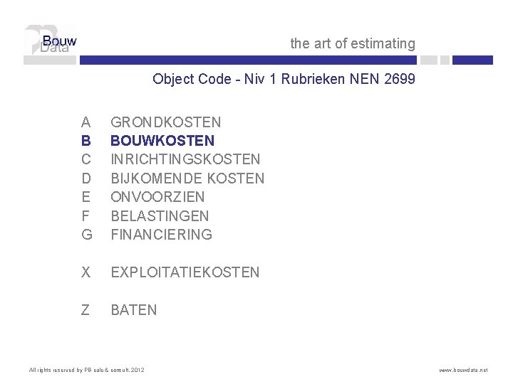 the art of estimating Object Code - Niv 1 Rubrieken NEN 2699 A B the art of estimating Object Code - Niv 1 Rubrieken NEN 2699 A B
