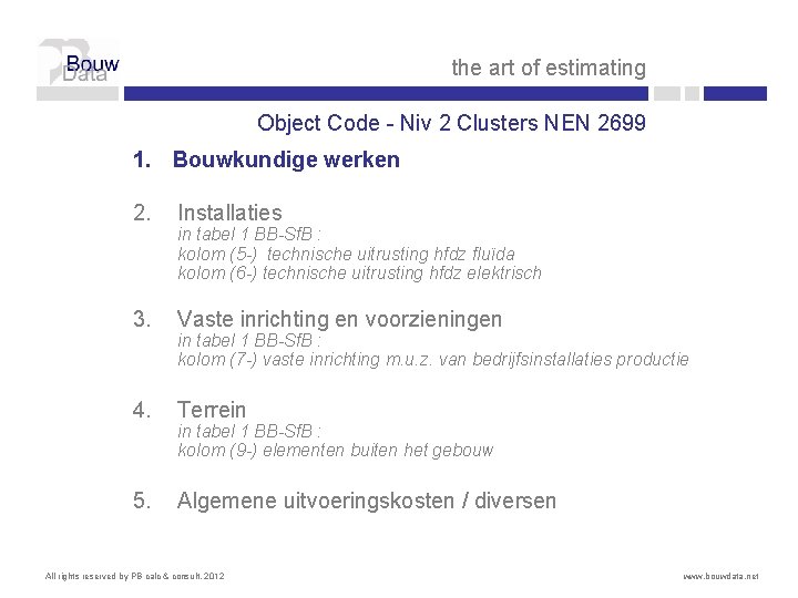 the art of estimating Object Code - Niv 2 Clusters NEN 2699 1. Bouwkundige