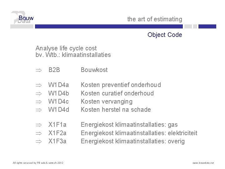 the art of estimating Object Code Analyse life cycle cost bv. Wtb. : klimaatinstallaties