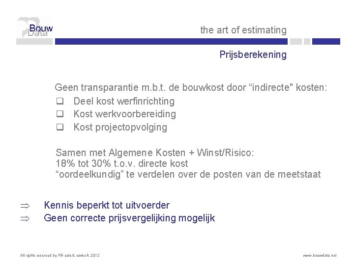 the art of estimating Prijsberekening Geen transparantie m. b. t. de bouwkost door “indirecte"