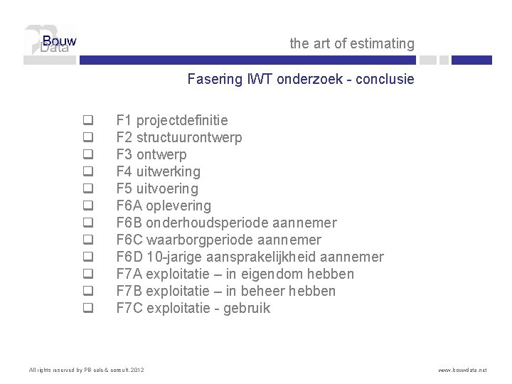 the art of estimating Fasering IWT onderzoek - conclusie q q q F 1