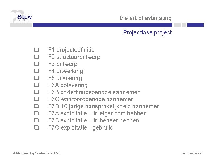 the art of estimating Projectfase project q q q F 1 projectdefinitie F 2