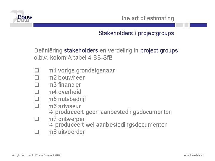 the art of estimating Stakeholders / projectgroups Definiëring stakeholders en verdeling in project groups