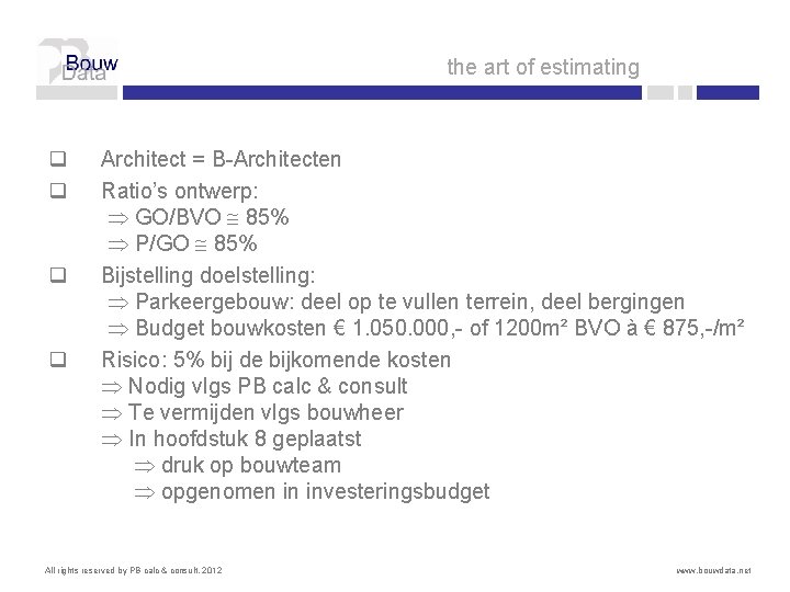 the art of estimating q q Architect = B-Architecten Ratio’s ontwerp: GO/BVO 85% P/GO
