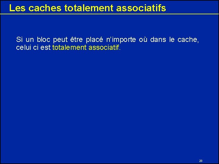 Les caches totalement associatifs Si un bloc peut être placé n’importe où dans le