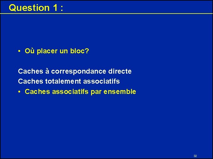 Question 1 : • Où placer un bloc? Caches à correspondance directe Caches totalement