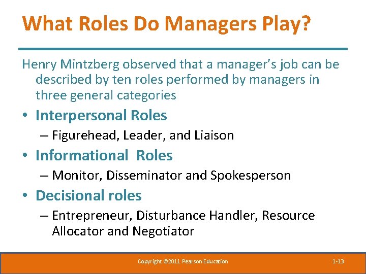 1 Chapter Managers And Management Copyright 2011 Pearson