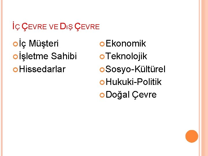 İÇ ÇEVRE VE DıŞ ÇEVRE İç Müşteri İşletme Sahibi Hissedarlar Ekonomik Teknolojik Sosyo-Kültürel Hukuki-Politik