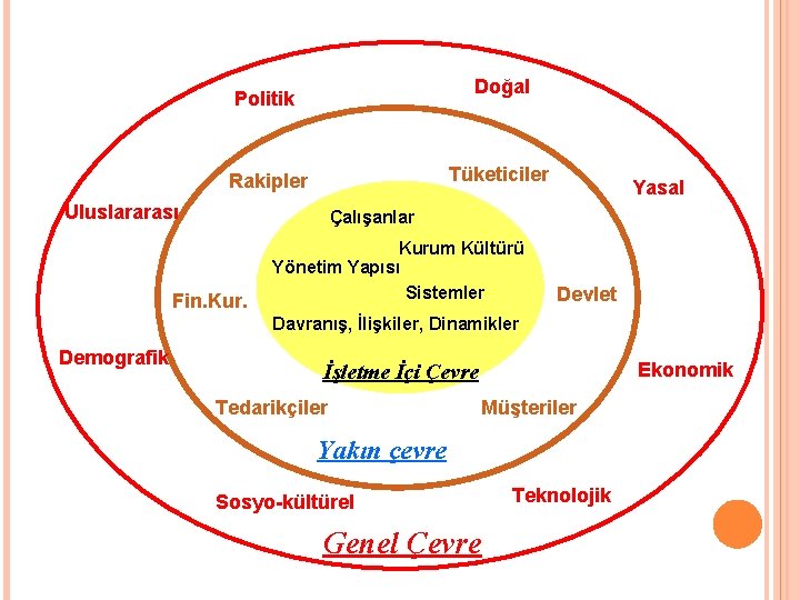Doğal Politik Tüketiciler Rakipler Uluslararası Yasal Çalışanlar Fin. Kurum Kültürü Yönetim Yapısı Sistemler Devlet