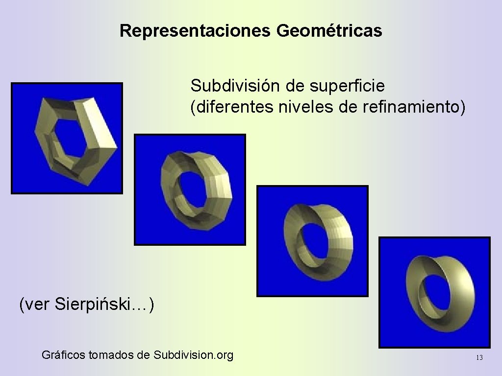 Representaciones Geométricas Subdivisión de superficie (diferentes niveles de refinamiento) (ver Sierpiński…) Gráficos tomados de