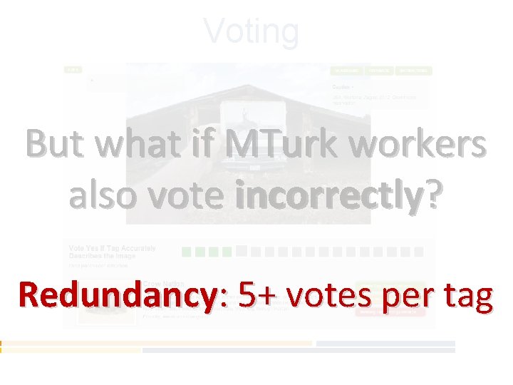 Voting But what if MTurk workers also vote incorrectly? Redundancy: 5+ votes per tag