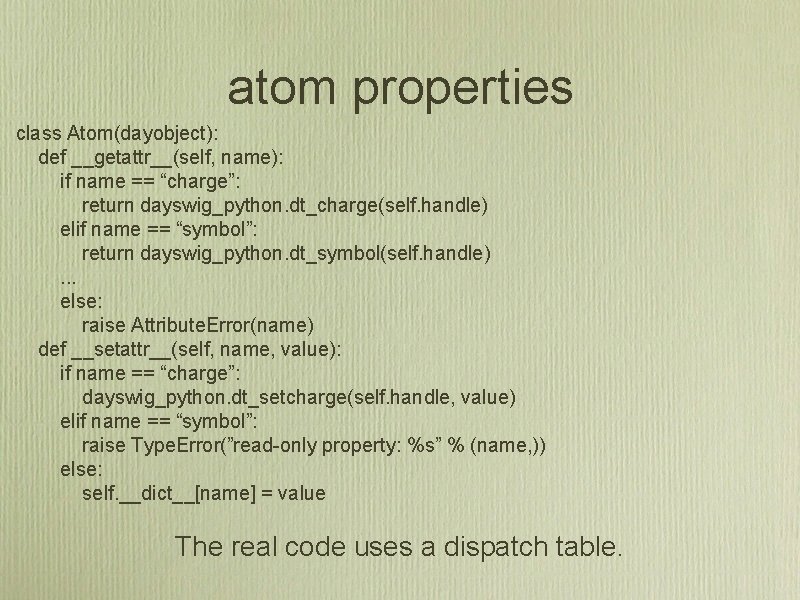 atom properties class Atom(dayobject): def __getattr__(self, name): if name == “charge”: return dayswig_python. dt_charge(self.