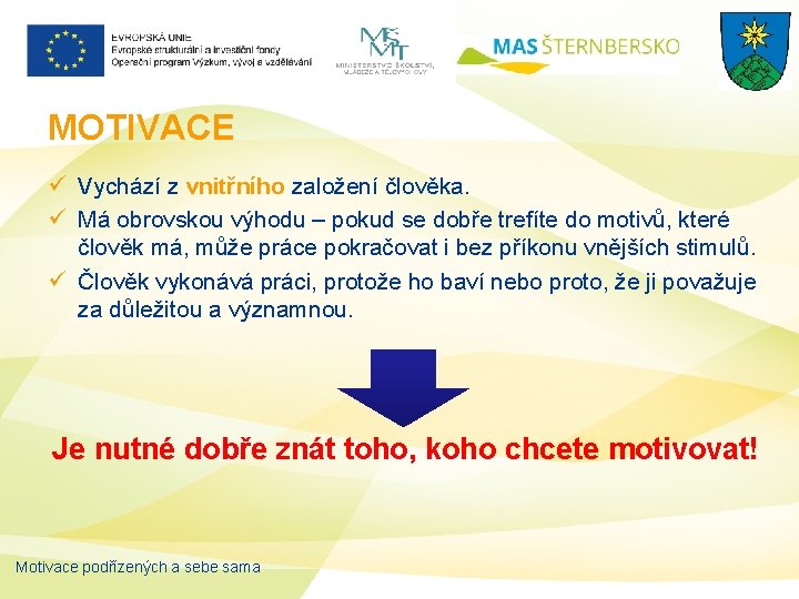 MOTIVACE ü Vychází z vnitřního založení člověka. ü Má obrovskou výhodu – pokud se