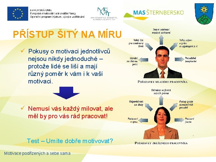 PŘÍSTUP ŠITÝ NA MÍRU ü Pokusy o motivaci jednotlivců nejsou nikdy jednoduché – protože