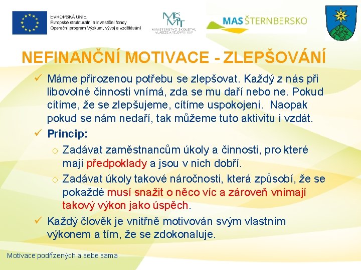 NEFINANČNÍ MOTIVACE - ZLEPŠOVÁNÍ ü Máme přirozenou potřebu se zlepšovat. Každý z nás při