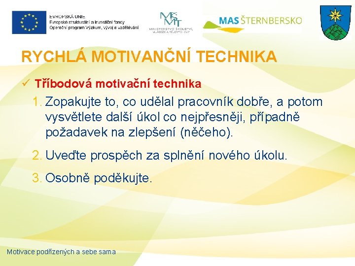 RYCHLÁ MOTIVANČNÍ TECHNIKA ü Tříbodová motivační technika 1. Zopakujte to, co udělal pracovník dobře,