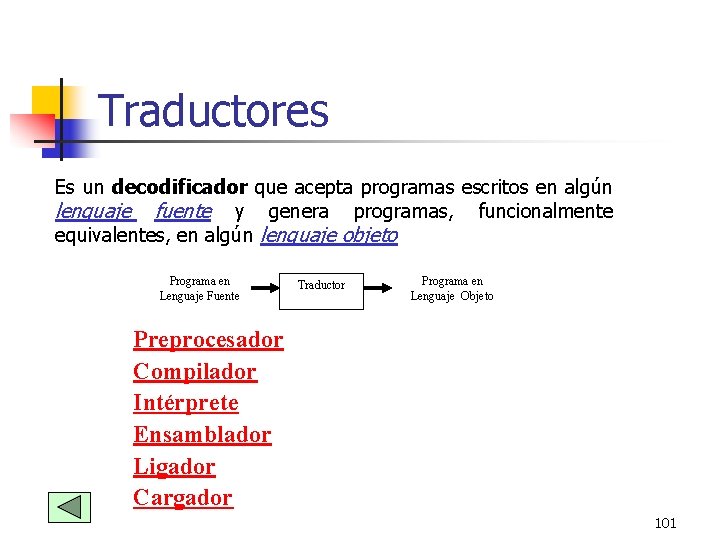 Traductores Es un decodificador que acepta programas escritos en algún lenguaje fuente y genera Traductores Es un decodificador que acepta programas escritos en algún lenguaje fuente y genera