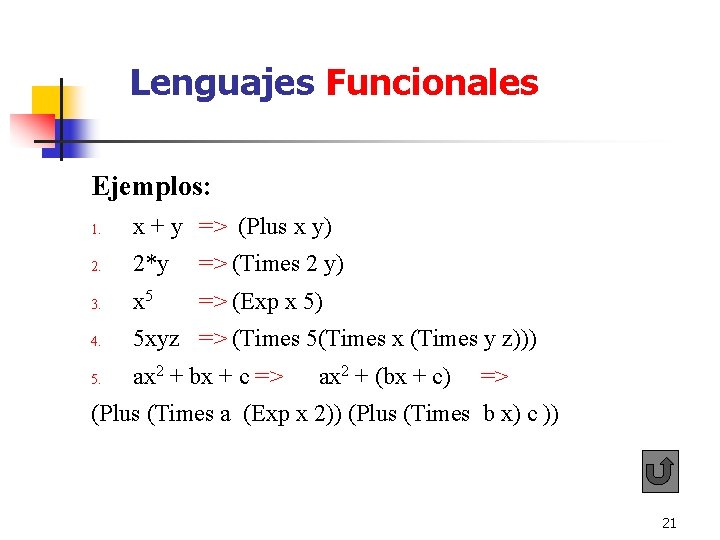 Lenguajes Funcionales Ejemplos: 1. x + y => (Plus x y) 2. 2*y Lenguajes Funcionales Ejemplos: 1. x + y => (Plus x y) 2. 2*y