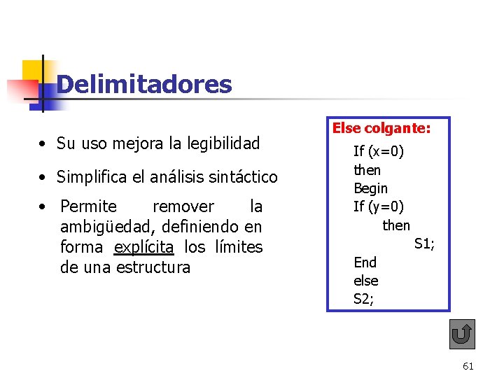 Delimitadores • Su uso mejora la legibilidad • Simplifica el análisis sintáctico • Permite Delimitadores • Su uso mejora la legibilidad • Simplifica el análisis sintáctico • Permite