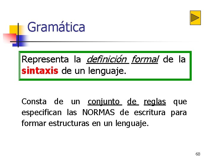 Gramática Representa la definición formal de la sintaxis de un lenguaje. Consta de Gramática Representa la definición formal de la sintaxis de un lenguaje. Consta de