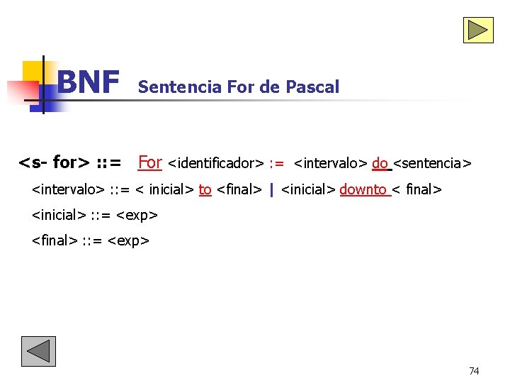 BNF Sentencia For de Pascal <s- for> : : = For <identificador> : = BNF Sentencia For de Pascal <s- for> : : = For <identificador> : =