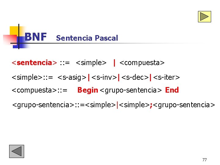 BNF Sentencia Pascal <sentencia> : : = <simple> | <compuesta> <simple>: : = <s-asig>|<s-inv>|<s-dec>|<s-iter> BNF Sentencia Pascal <sentencia> : : = <simple> | <compuesta> <simple>: : = <s-asig>|<s-inv>|<s-dec>|<s-iter>