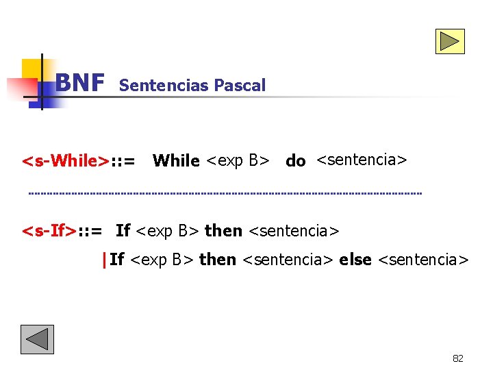 BNF Sentencias Pascal <s-While>: : = While <exp B> do <sentencia> <s-If>: : = BNF Sentencias Pascal <s-While>: : = While <exp B> do <sentencia> <s-If>: : =