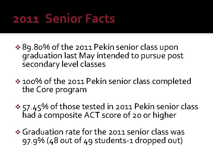 2011 Senior Facts v 89. 80% of the 2011 Pekin senior class upon graduation