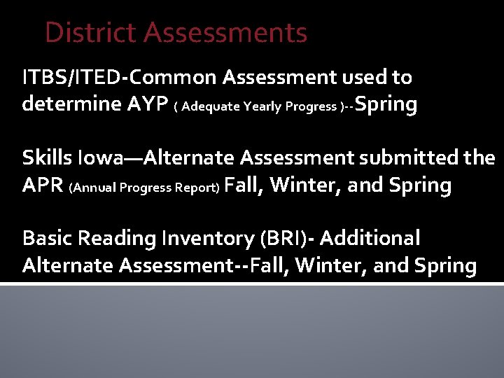 District Assessments ITBS/ITED-Common Assessment used to determine AYP ( Adequate Yearly Progress )--Spring Skills