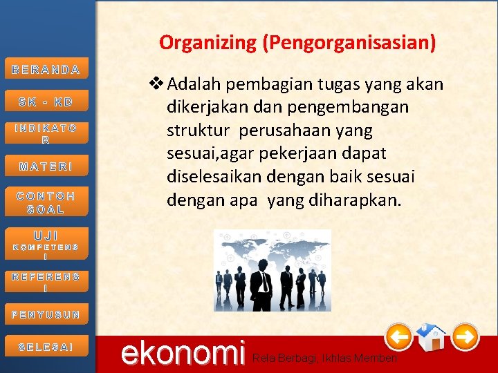 Organizing (Pengorganisasian) v Adalah pembagian tugas yang akan dikerjakan dan pengembangan struktur perusahaan yang