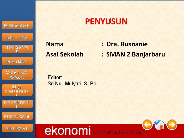 PENYUSUN Nama Asal Sekolah : Dra. Rusnanie : SMAN 2 Banjarbaru Editor: Sri Nur