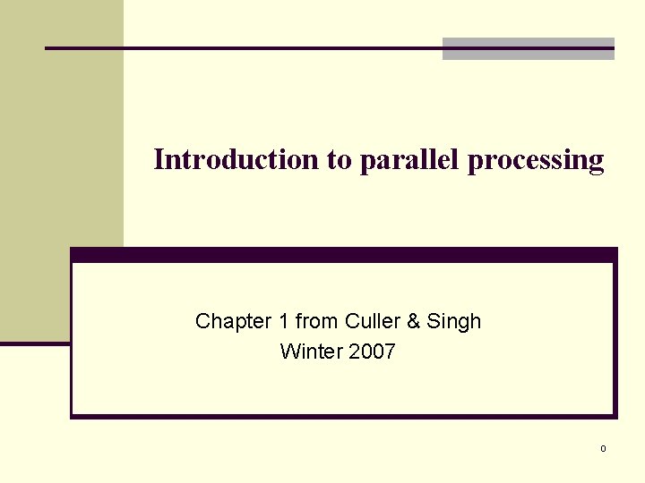 Introduction to parallel processing Chapter 1 from Culler & Singh Winter 2007 0 