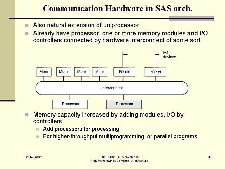 Communication Hardware in SAS arch. n Also natural extension of uniprocessor n Already have