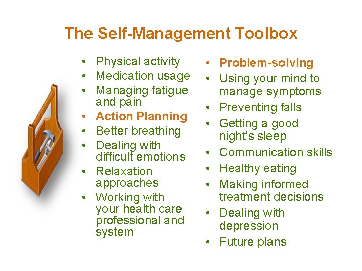 The Self-Management Toolbox • Physical activity • Medication usage • Managing fatigue and pain