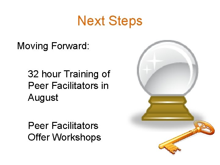 Next Steps Moving Forward: 32 hour Training of Peer Facilitators in August Peer Facilitators