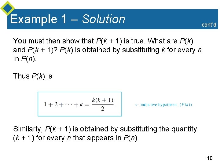 Example 1 – Solution cont’d You must then show that P(k + 1) is Example 1 – Solution cont’d You must then show that P(k + 1) is