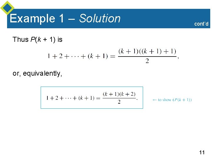 Example 1 – Solution cont’d Thus P(k + 1) is or, equivalently, 11 Example 1 – Solution cont’d Thus P(k + 1) is or, equivalently, 11