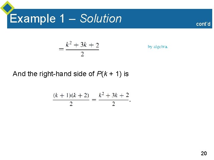 Example 1 – Solution cont’d And the right-hand side of P(k + 1) is Example 1 – Solution cont’d And the right-hand side of P(k + 1) is