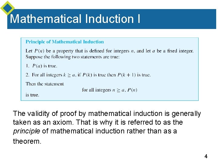 Mathematical Induction I The validity of proof by mathematical induction is generally taken as Mathematical Induction I The validity of proof by mathematical induction is generally taken as
