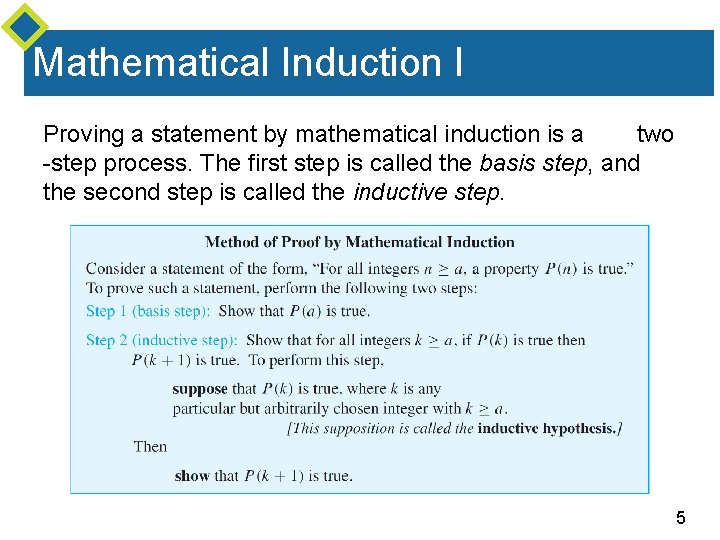 Mathematical Induction I Proving a statement by mathematical induction is a two -step process. Mathematical Induction I Proving a statement by mathematical induction is a two -step process.